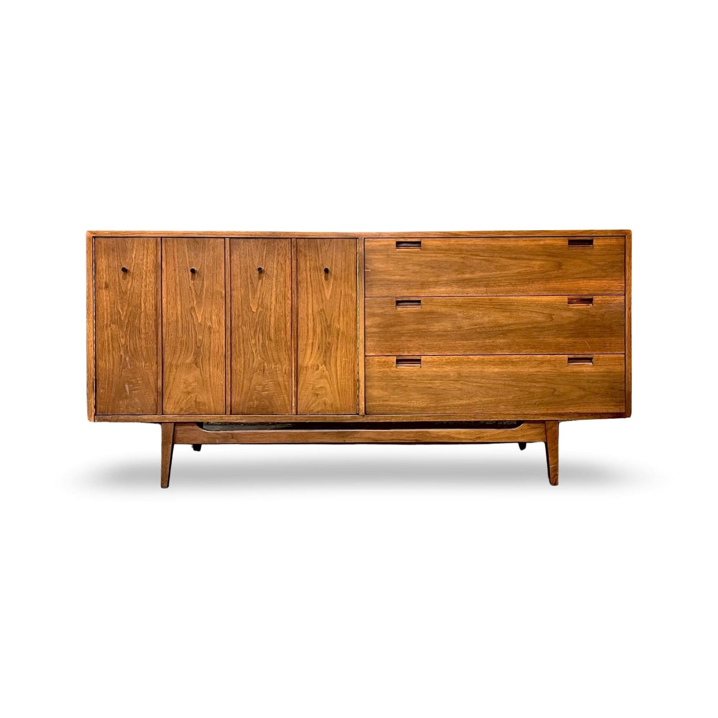 Vintage 1960s lowboy dresser by American of Martinsville with brass knobs.