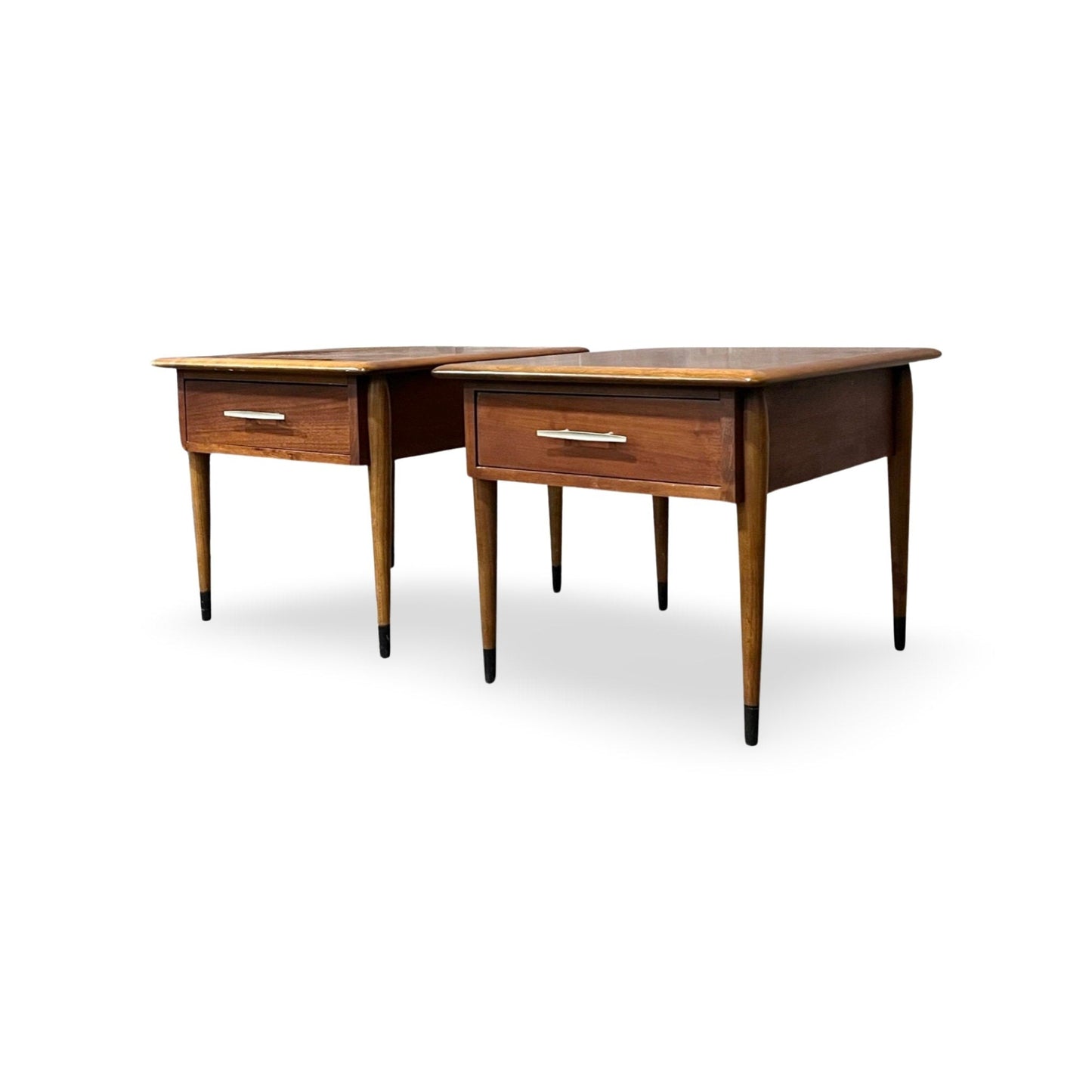 Vintage 1962 Lane end tables designed by Andre Bus with exposed dovetails.