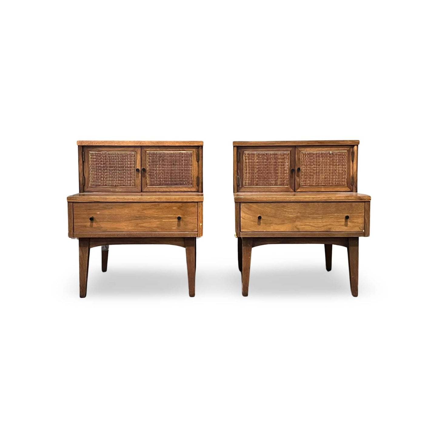 Elegant American of Martinsville nightstands with woven cane double doors.