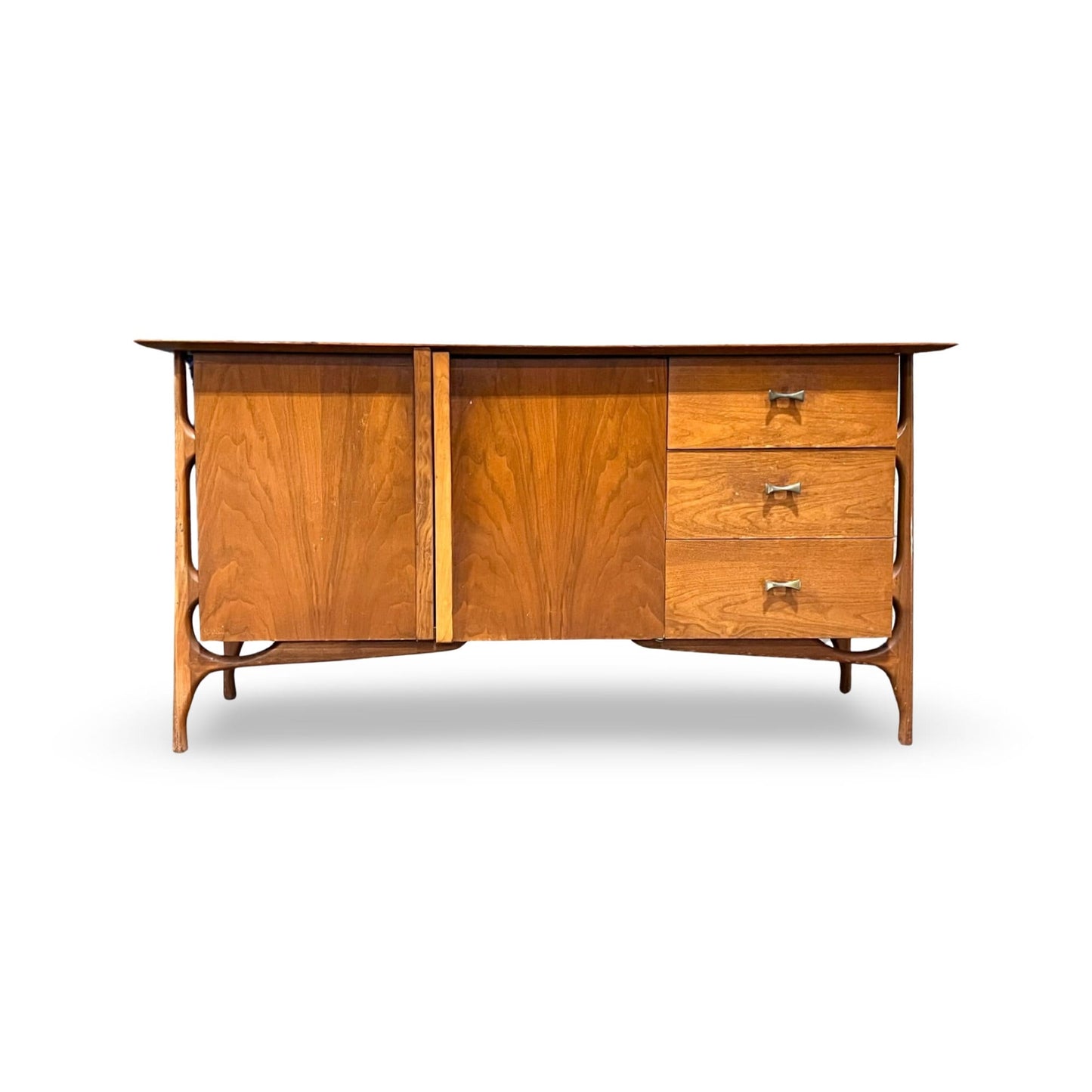 Vintage mid-century modern credenza with geometric prism wooden handles.