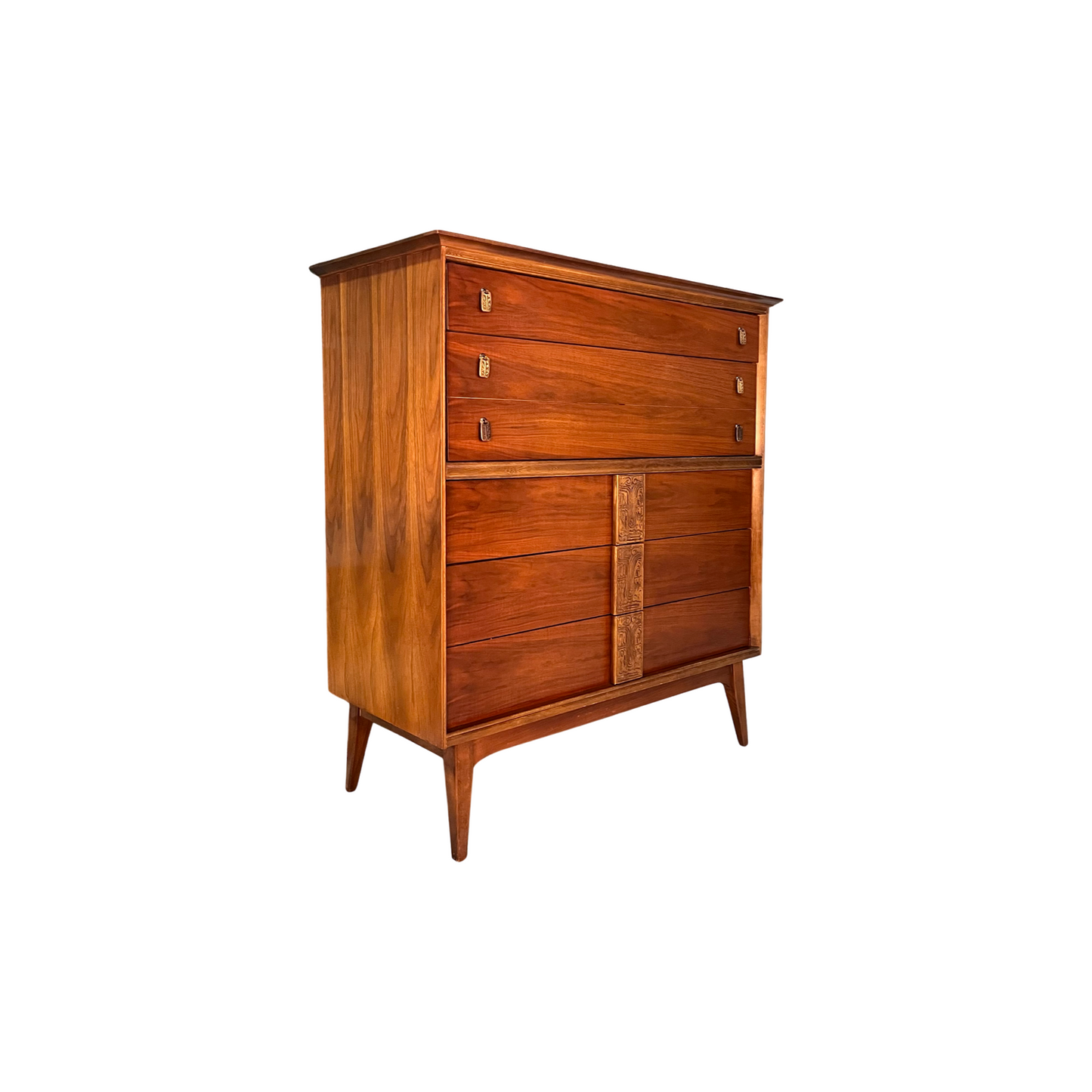 Bassett Mayan Mid Century Modern Highboy Tall Vintage Dresser c. 1960s