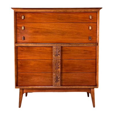 Bassett Mayan Mid Century Modern Highboy Tall Vintage Dresser c. 1960s — walnut construction, front view