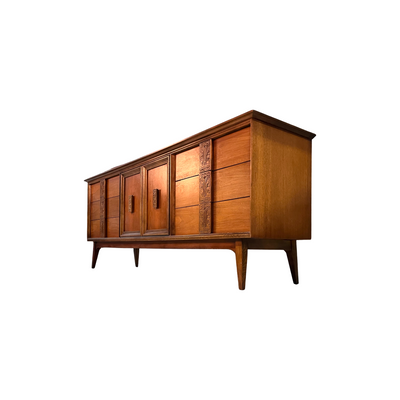 Bassett Mayan Mid Century Modern Vintage Long Lowboy Dresser c. 1960s — walnut construction, front view