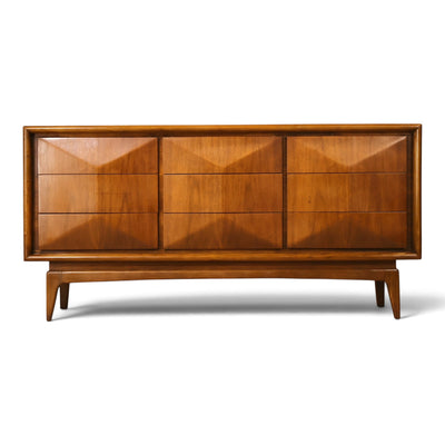 United Furniture Diamond Front nine drawer walnut lowboy dresser from the 1960s, straight on front view
