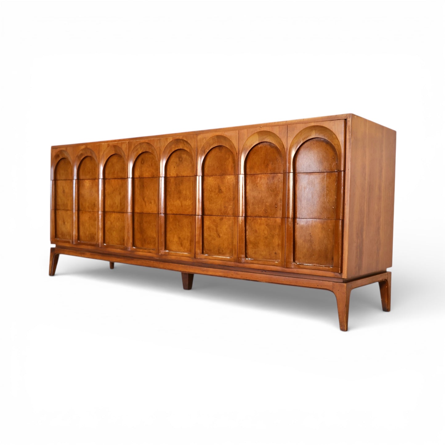 Thomasville Vintage Burlwood Mid Century Modern Sculptural 9 Drawer Lowboy Dresser c. 1960s