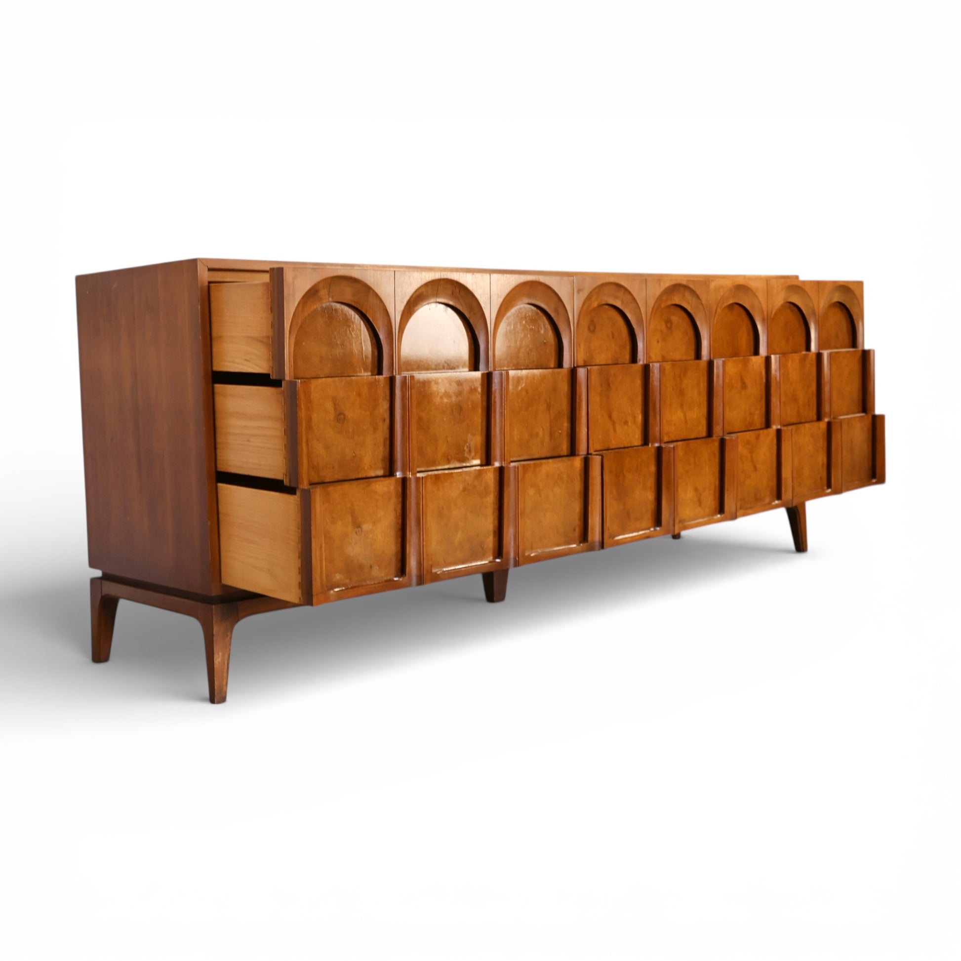 Thomasville Vintage Burlwood Mid Century Modern Sculptural 9 Drawer Lowboy Dresser c. 1960s