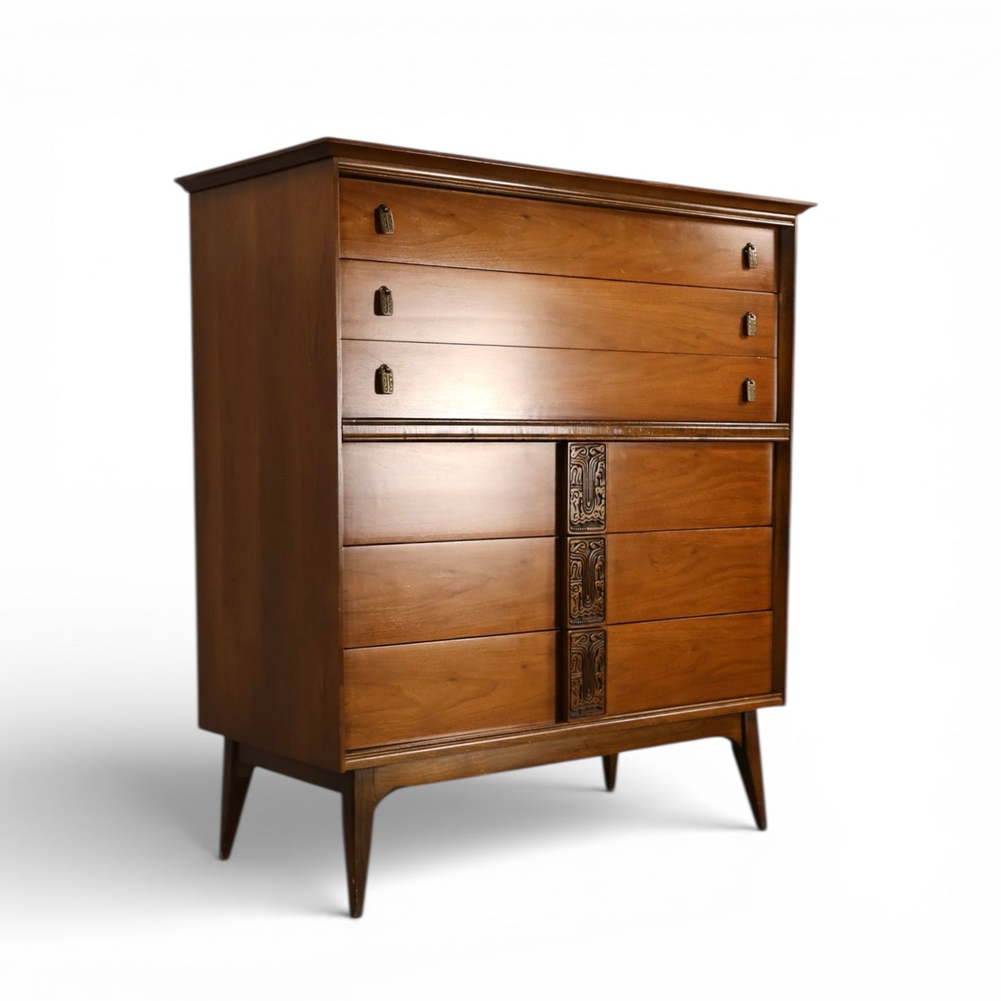 Bassett Mayan Vintage Mid Century Modern Tiki Highboy Dresser c. 1960s