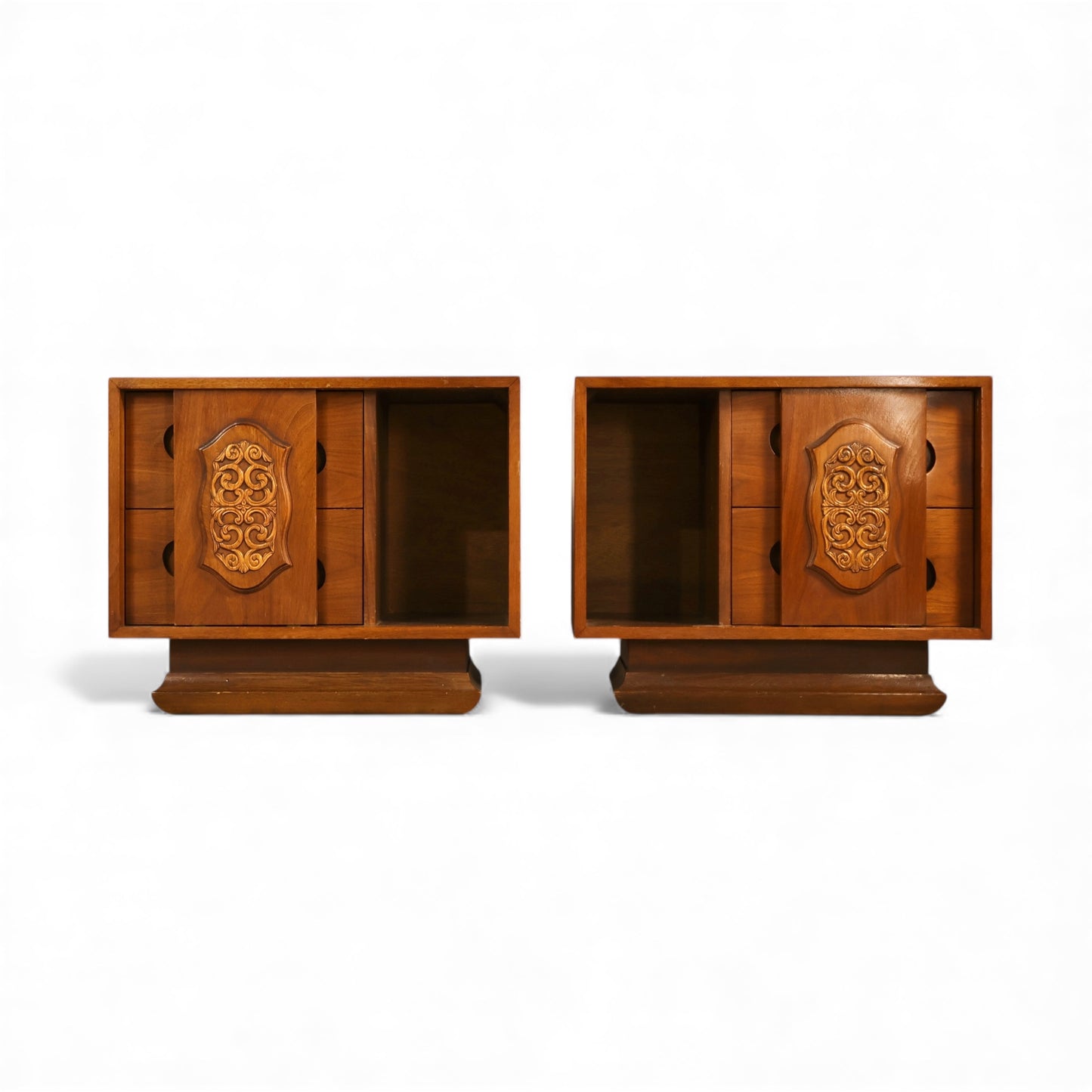 Young Manufacturing Vintage Pair of Mid Century Modern Brutalist Spanish Revival Nightstands c. 1960s