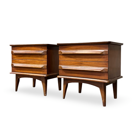 United Furniture Pair of Vintage Mid Century Modern Concave Top Nightstands c. 1960s