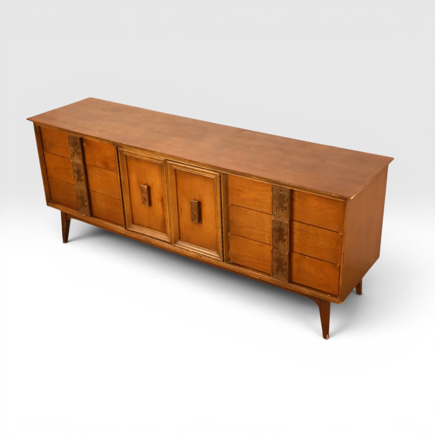Bassett Mayan Vintage 9 Drawer Mid Century Modern Lowboy Dresser c. 1960s