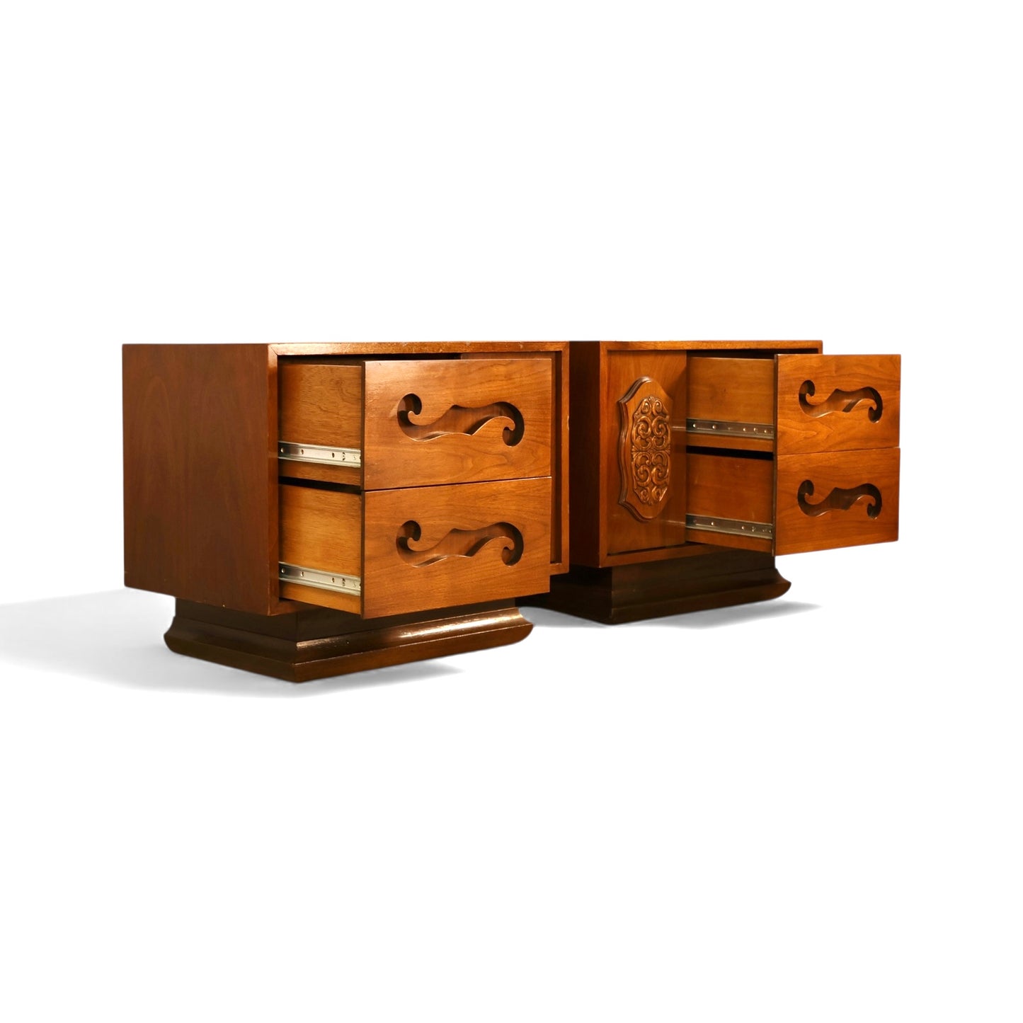 Young Manufacturing Vintage Pair of Mid Century Modern Brutalist Spanish Revival Nightstands c. 1960s