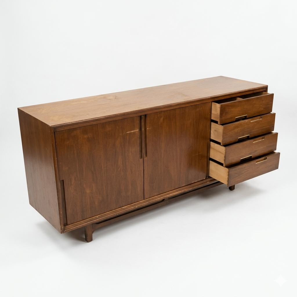 Cavalier Furniture Vintage Mid Century Modern Brass and Walnut Lowboy Dresser c. 1960s