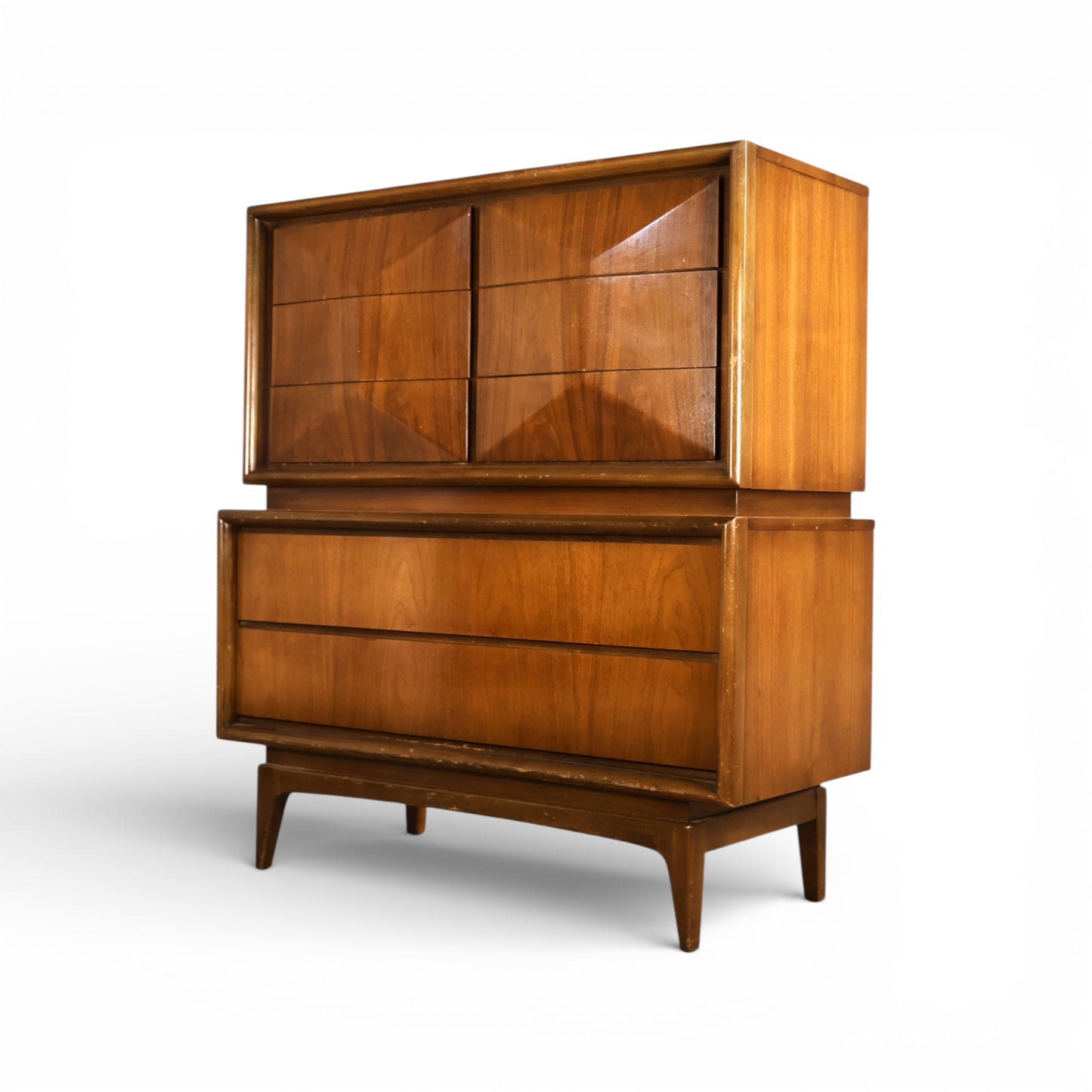 United Furniture Diamond Front Vintage Mid Century Modern Highboy Dresser c. 1960s