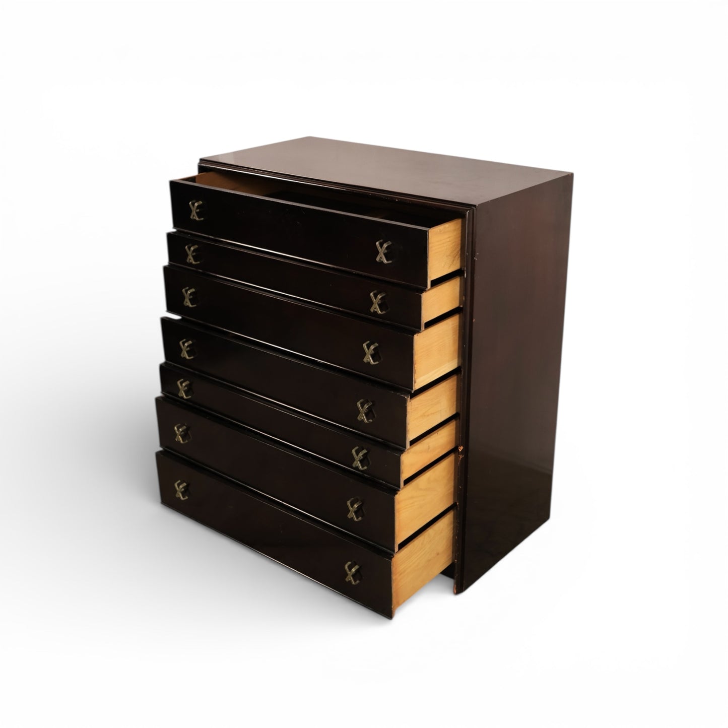 Paul Frankl for Johnson Furniture Black Lacquer Vintage Mid Century Modern Highboy Dresser c. 1960s