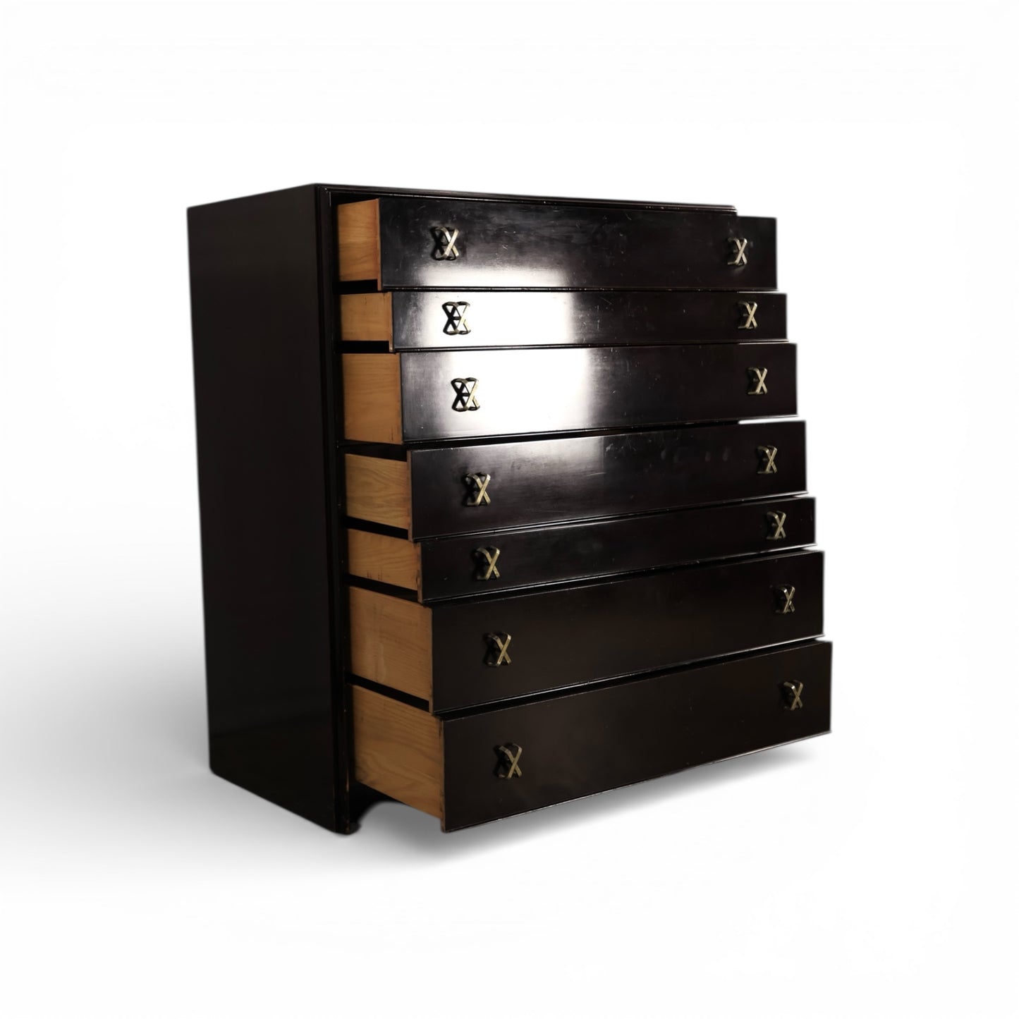 Paul Frankl for Johnson Furniture Black Lacquer Vintage Mid Century Modern Highboy Dresser c. 1960s