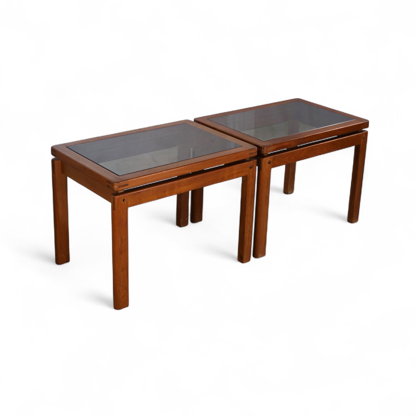Kristiansen Thomassen Vintage Danish Mid Century Modern Teak and Smoke Glass End Tables Pair