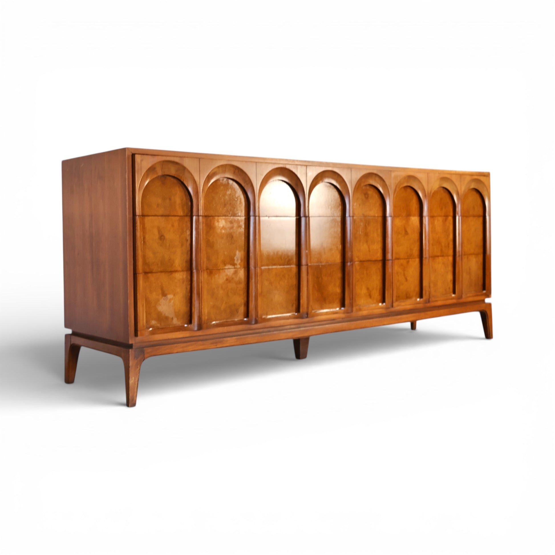 Thomasville Vintage Burlwood Mid Century Modern Sculptural 9 Drawer Lowboy Dresser c. 1960s