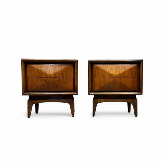 United Furniture Diamond Front Mid Century Modern Pair of Nightstands c. 1960s