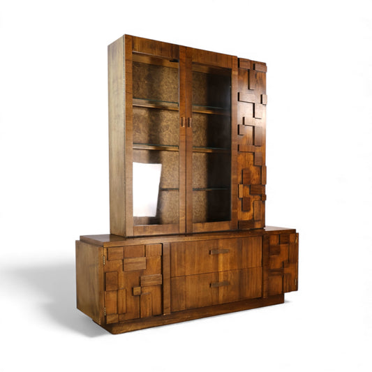 Lane Staccato Vintage Brutalist Mid Century Modern 2 Piece China Cabinet c. 1970s