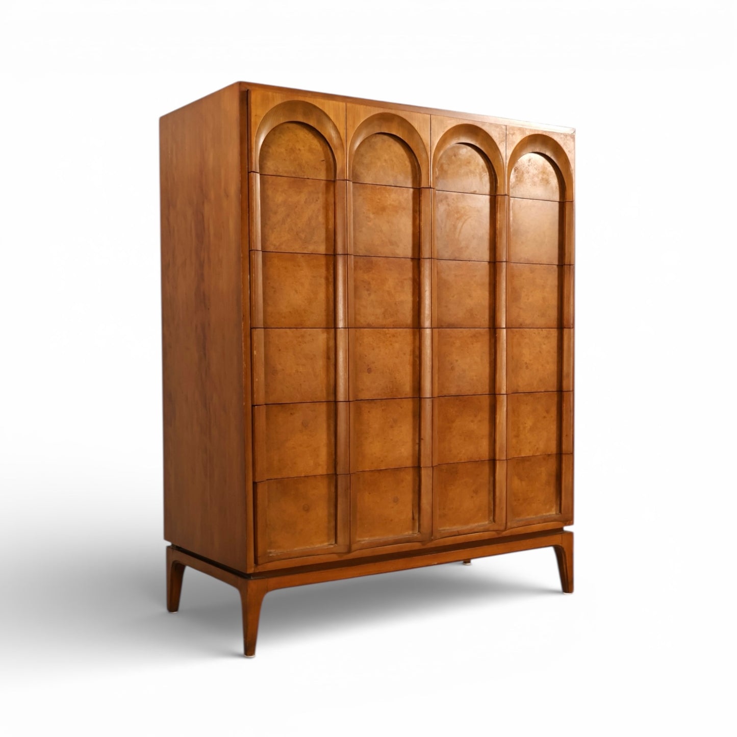 Thomasville Vintage Burlwood Mid Century Modern Sculptural Highboy Dresser c. 1960s