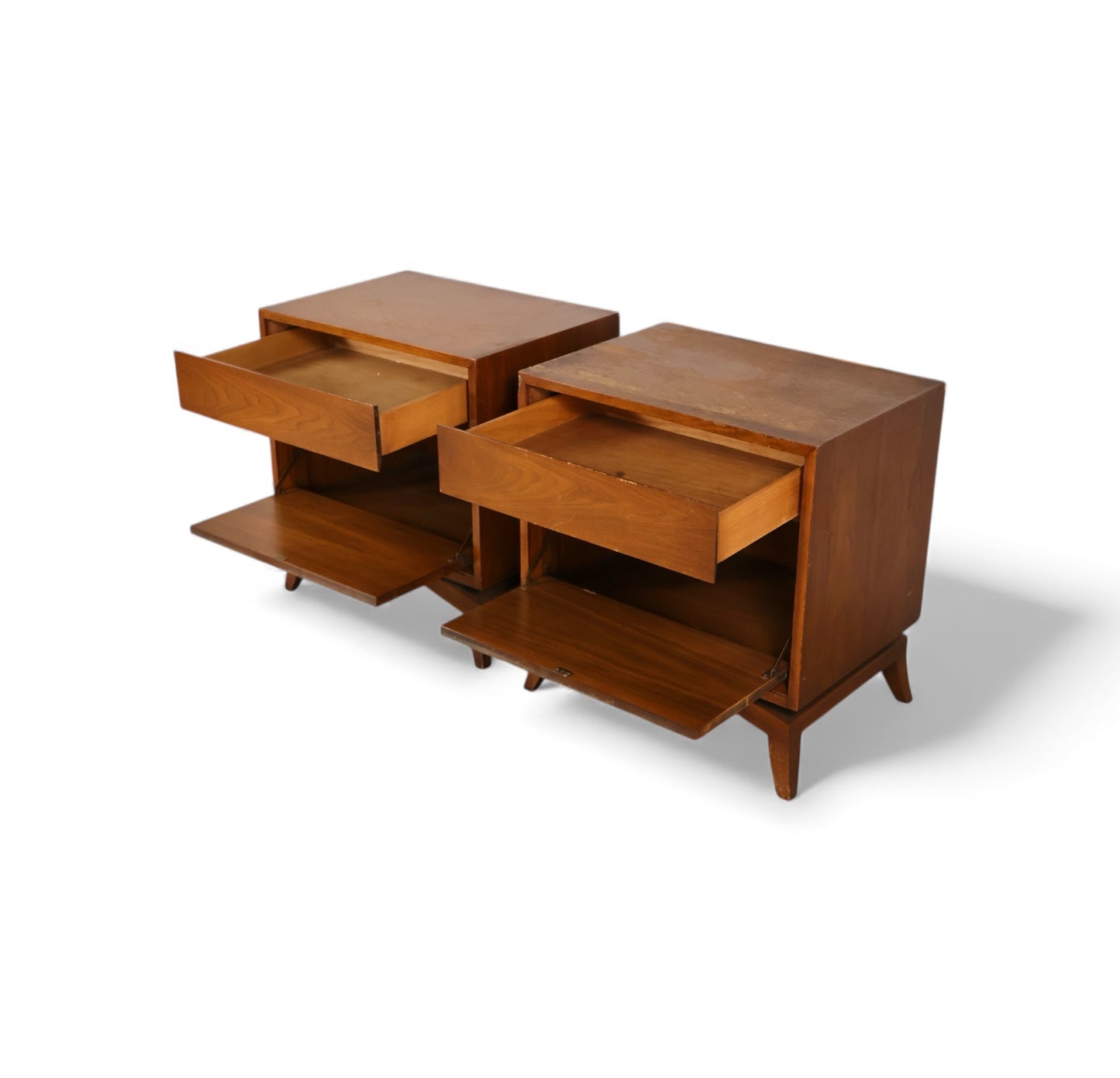 Tomlinson Pair of Vintage Mid Century Modern Burl and Walnut  Nightstands c. 1960s
