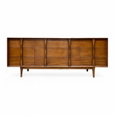 Vintage Mid Century Modern 9 Drawer Lowboy Dresser c. 1960s — walnut construction, front view