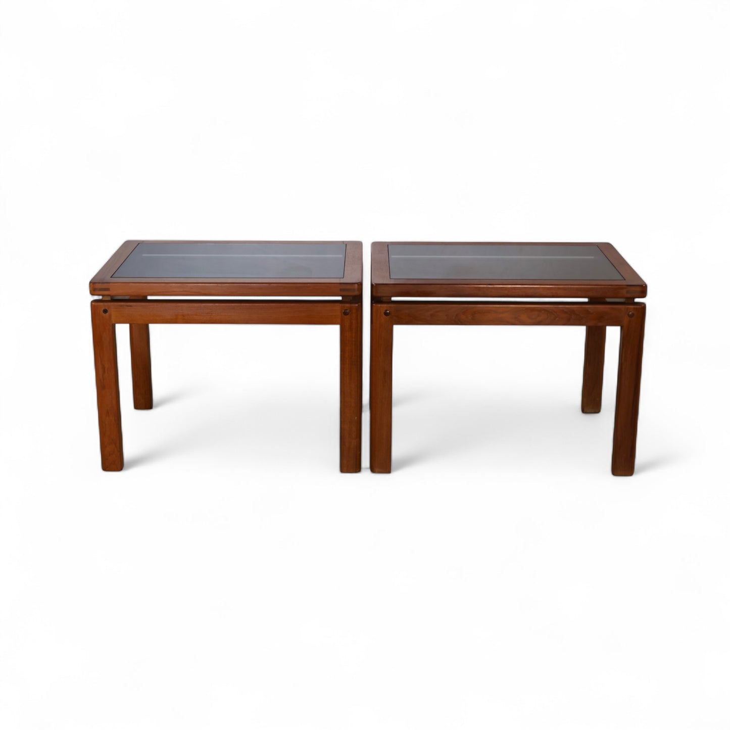 Kristiansen Thomassen Vintage Danish Mid Century Modern Teak and Smoke Glass End Tables Pair