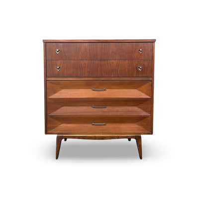 United Furniture Vintage Mid Century Modern Recessed Diamond 5 Draw... — brass construction, front view