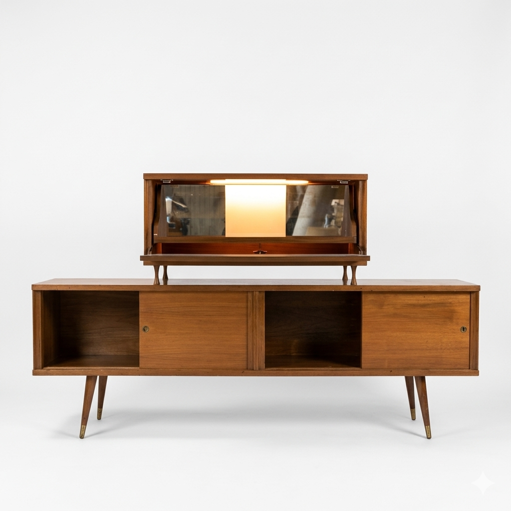 Atomic Style Vintage Mid Century Modern Two Piece Bar Cabinet Sliding Buffet c. 1960s