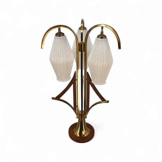 Striking Jet Age Vintage Mid Century Modern Walnut and Brass 3 Glass Shade Table Lamp c. 1960s