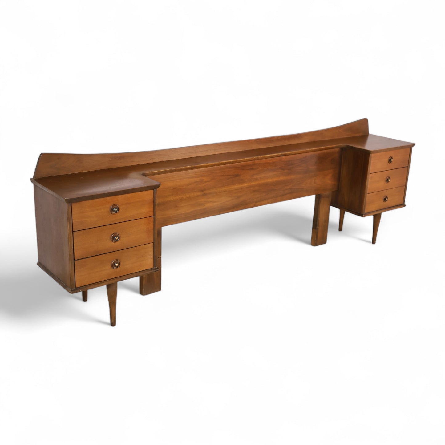 American of Martinsville Vintage Mid Century Modern Queen Headboard Integrated Nightstands c. 1960s