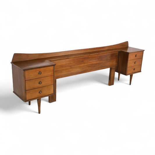 American of Martinsville Vintage Mid Century Modern Queen Headboard Integrated Nightstands c. 1960s