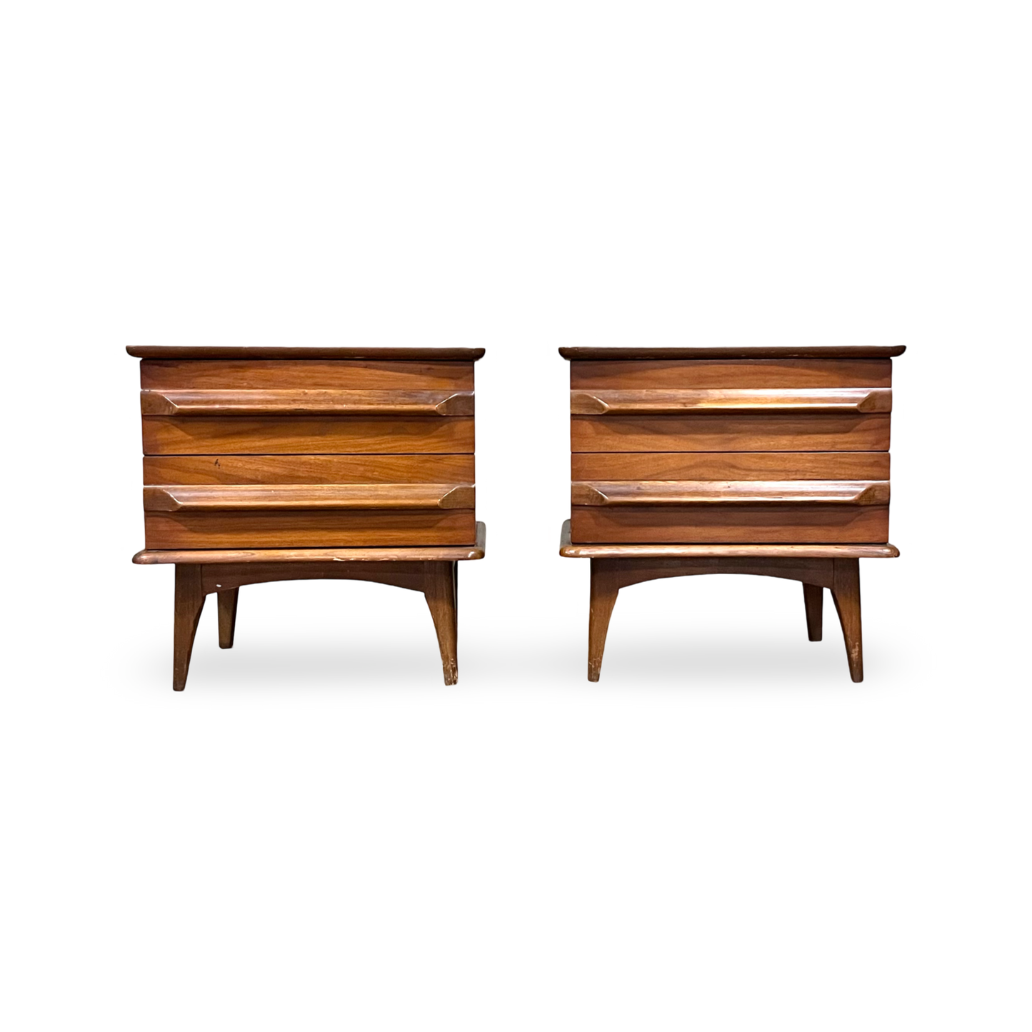 United Furniture Pair of Vintage Mid Century Modern Concave Top Nightstands c. 1960s