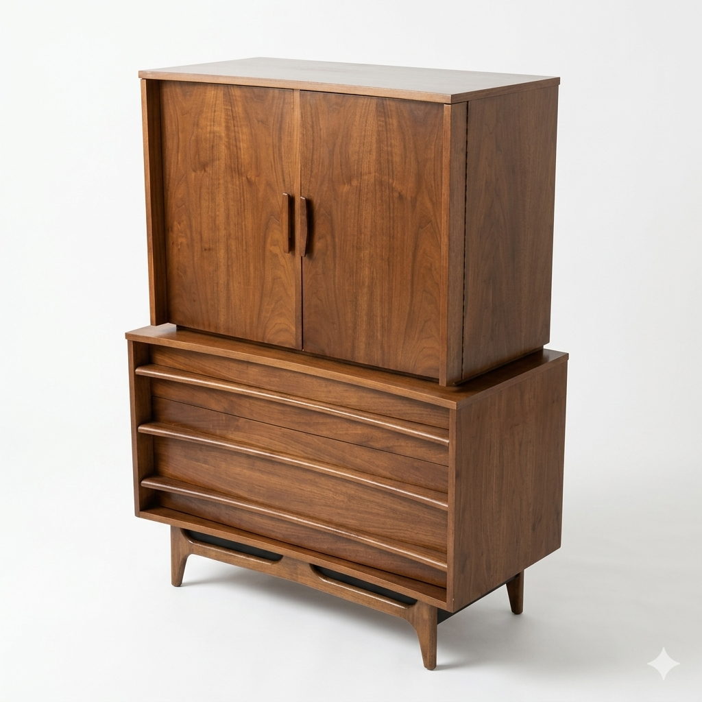 Young Manufacturing Vintage Concave Top Mid Century Modern Highboy Dresser c. 1960s — view 3