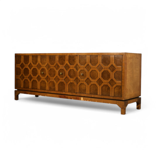 Harold Schwartz for Romweber Walnut Burl and Acacia Vintage Mid Century Modern Credenza c. 1960s