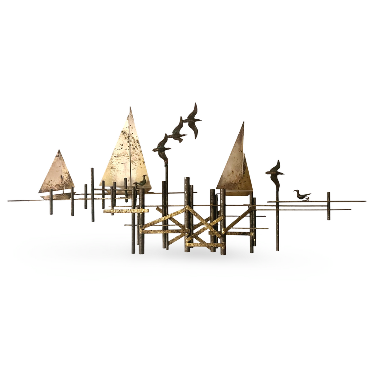 60s-70s 香港ヴィンテージ 銅製ウォールアート 3点セット 孔雀・戦車 Curtis Jere Brutalist Seagulls and Sailboats at the Dock Metal
