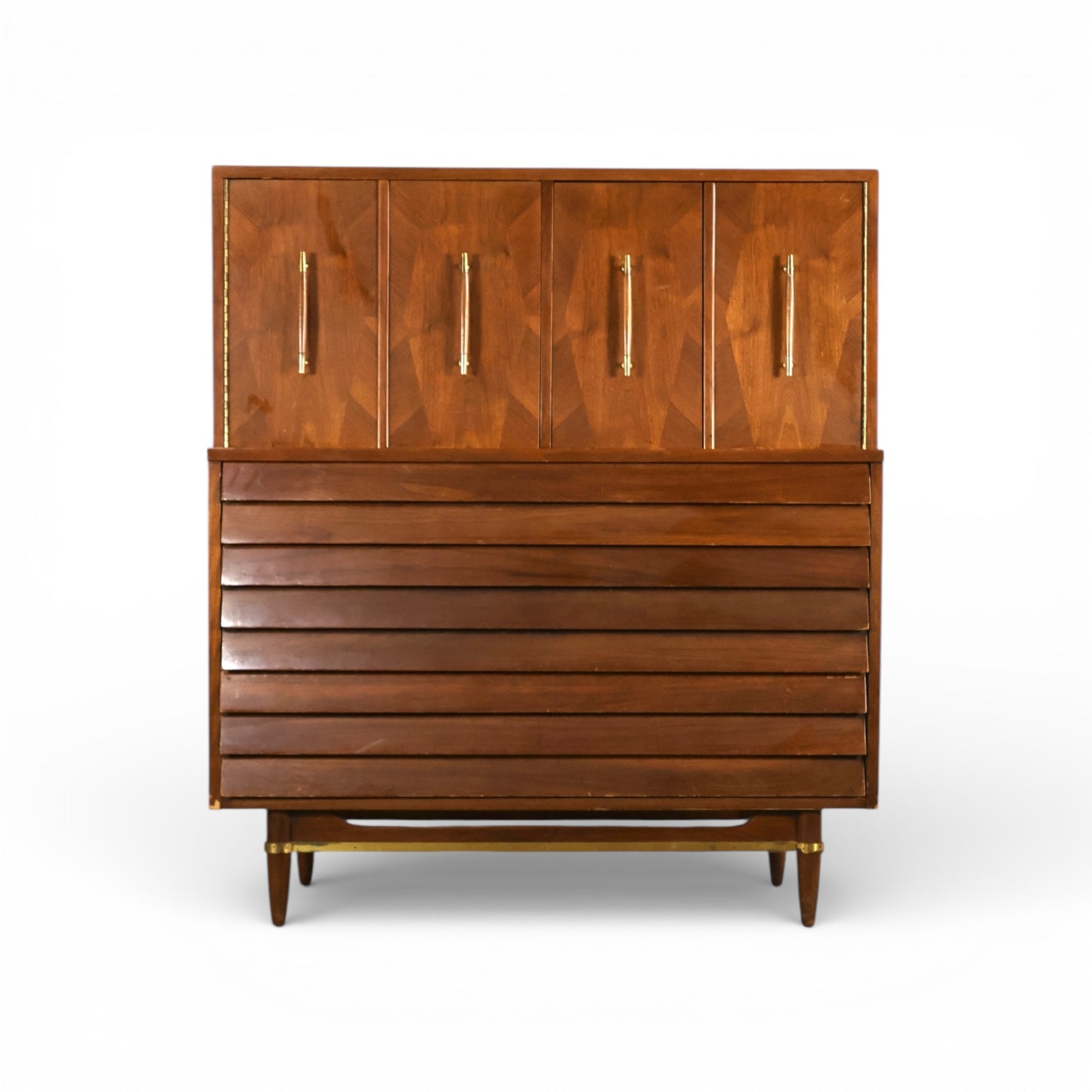 American of Martinsville Dania Collection Vintage Mid Century Modern Highboy Dresser with Doors c. 1960s