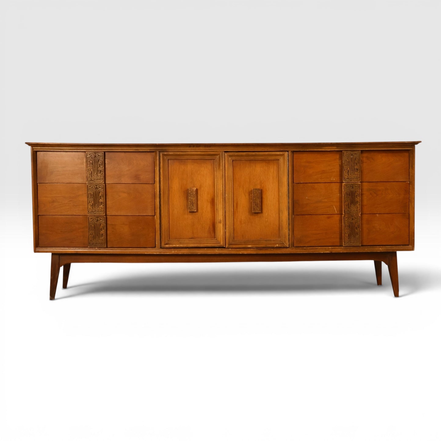 Bassett Mayan Vintage 9 Drawer Mid Century Modern Lowboy Dresser c. 1960s