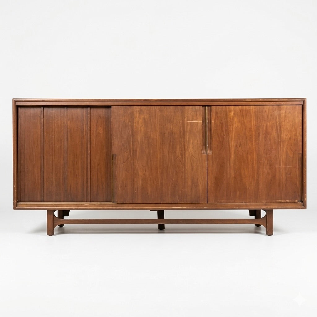 Cavalier Furniture Vintage Mid Century Modern Brass and Walnut Lowboy Dresser c. 1960s