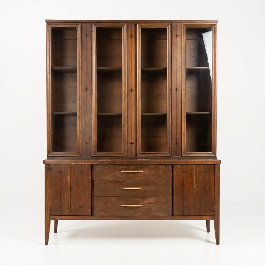 Broyhill Saga Vintage Mid Century Modern Two Piece Buffet and Hutch... — three-quarter angle view