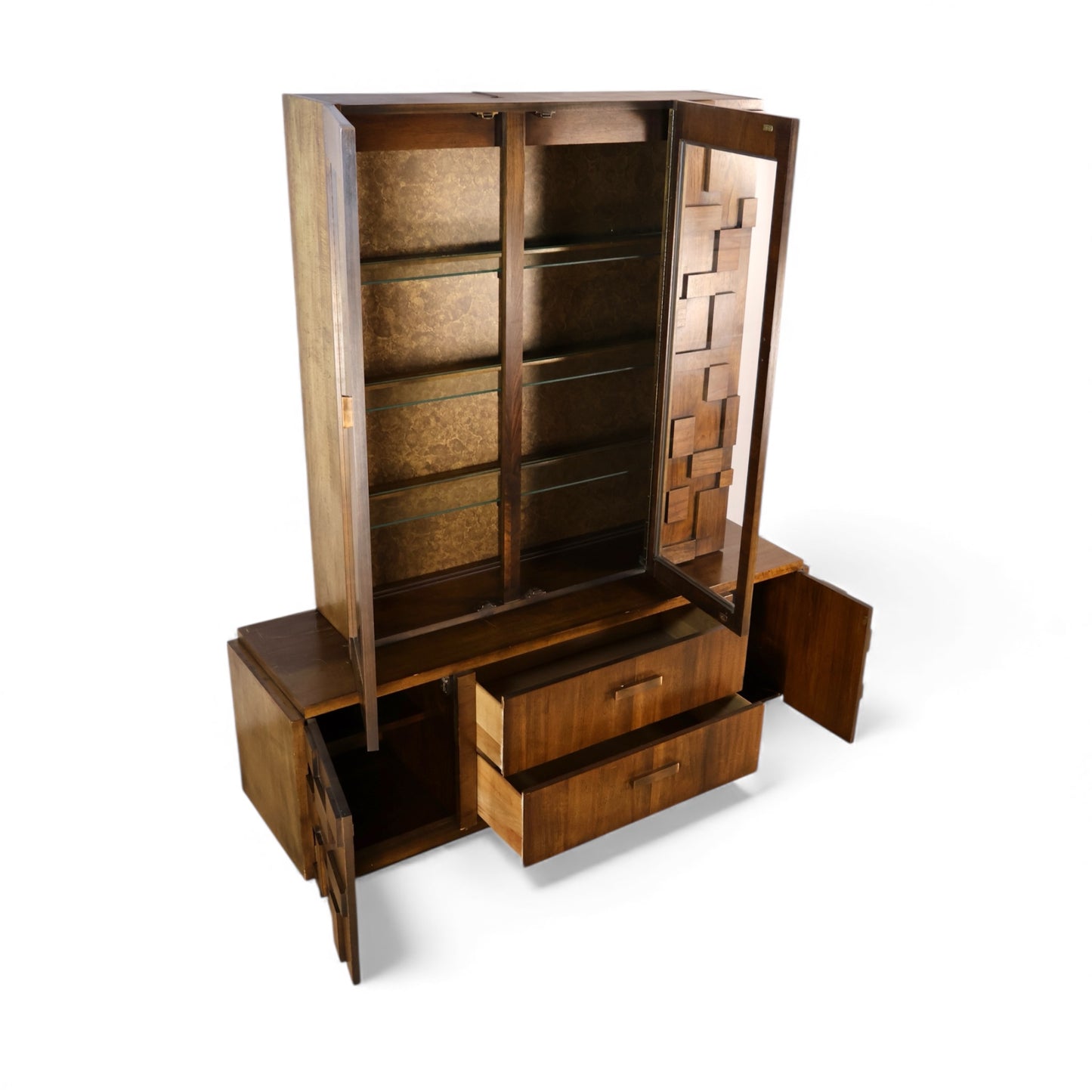 Lane Staccato Vintage Brutalist Mid Century Modern 2 Piece China Cabinet c. 1970s