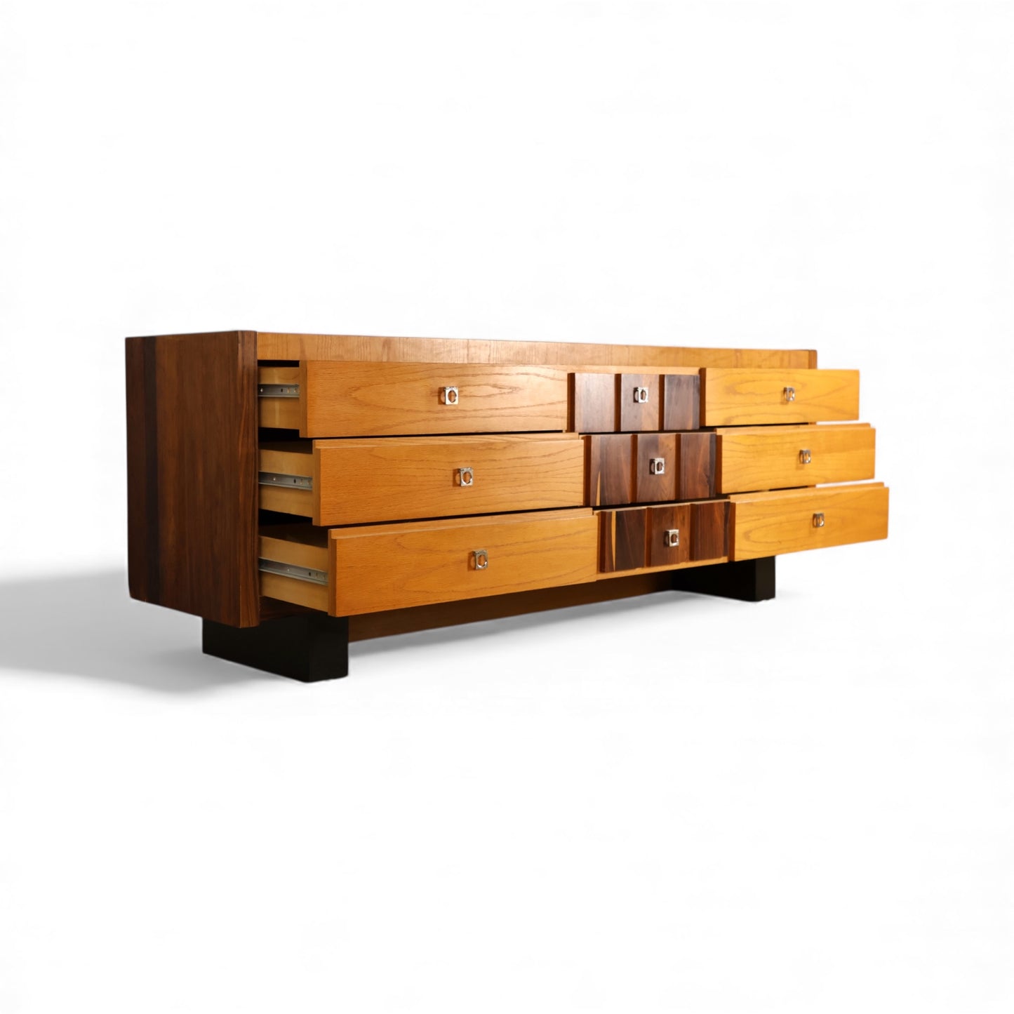 Oak and Rosewood Vintage Brutalist Mid Century Modern 9 Drawer Lowboy Dresser c. 1970s
