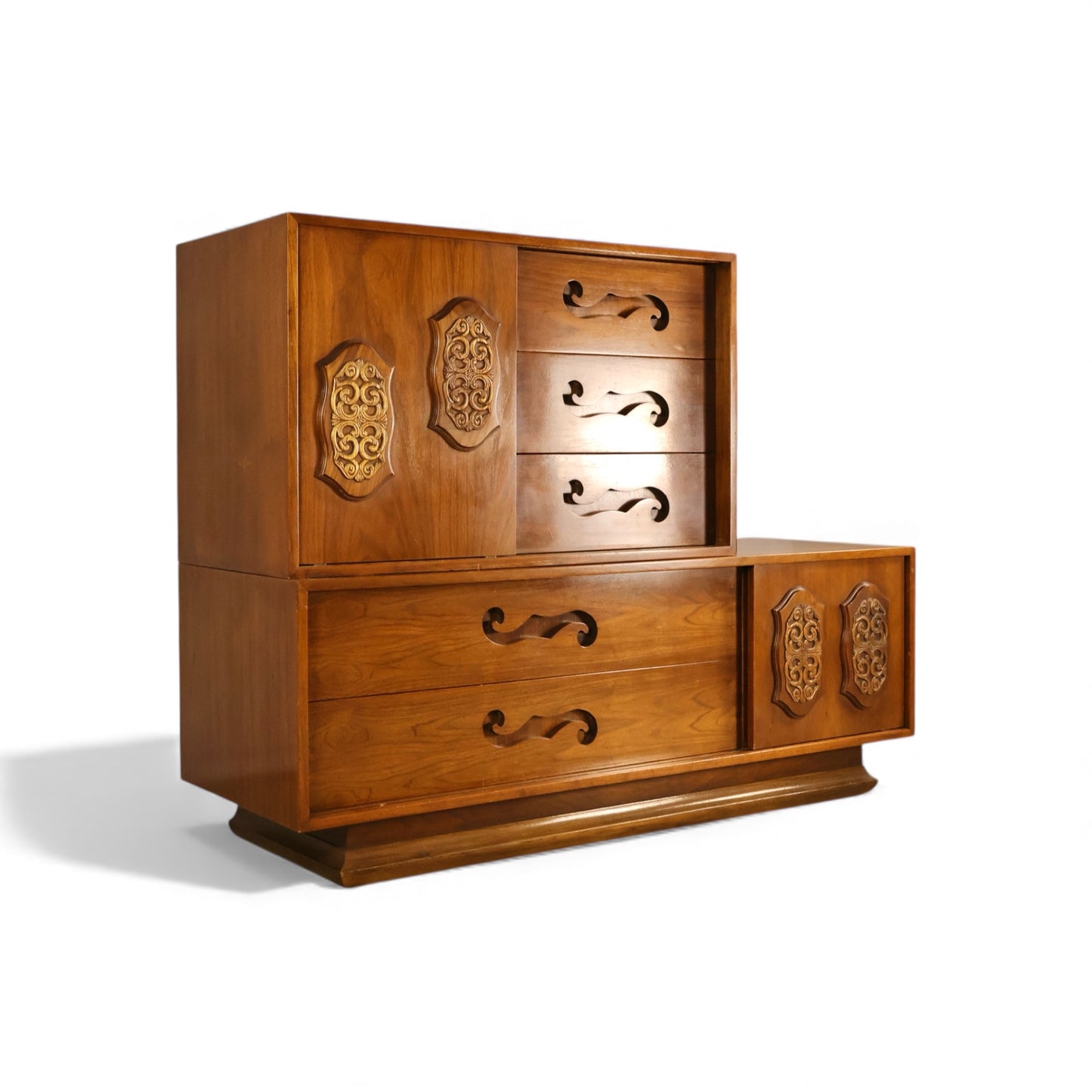 Young Manufacturing Vintage Mid Century Modern Brutalist Spanish Revival 2 Piece Highboy Dresser c. 1960s