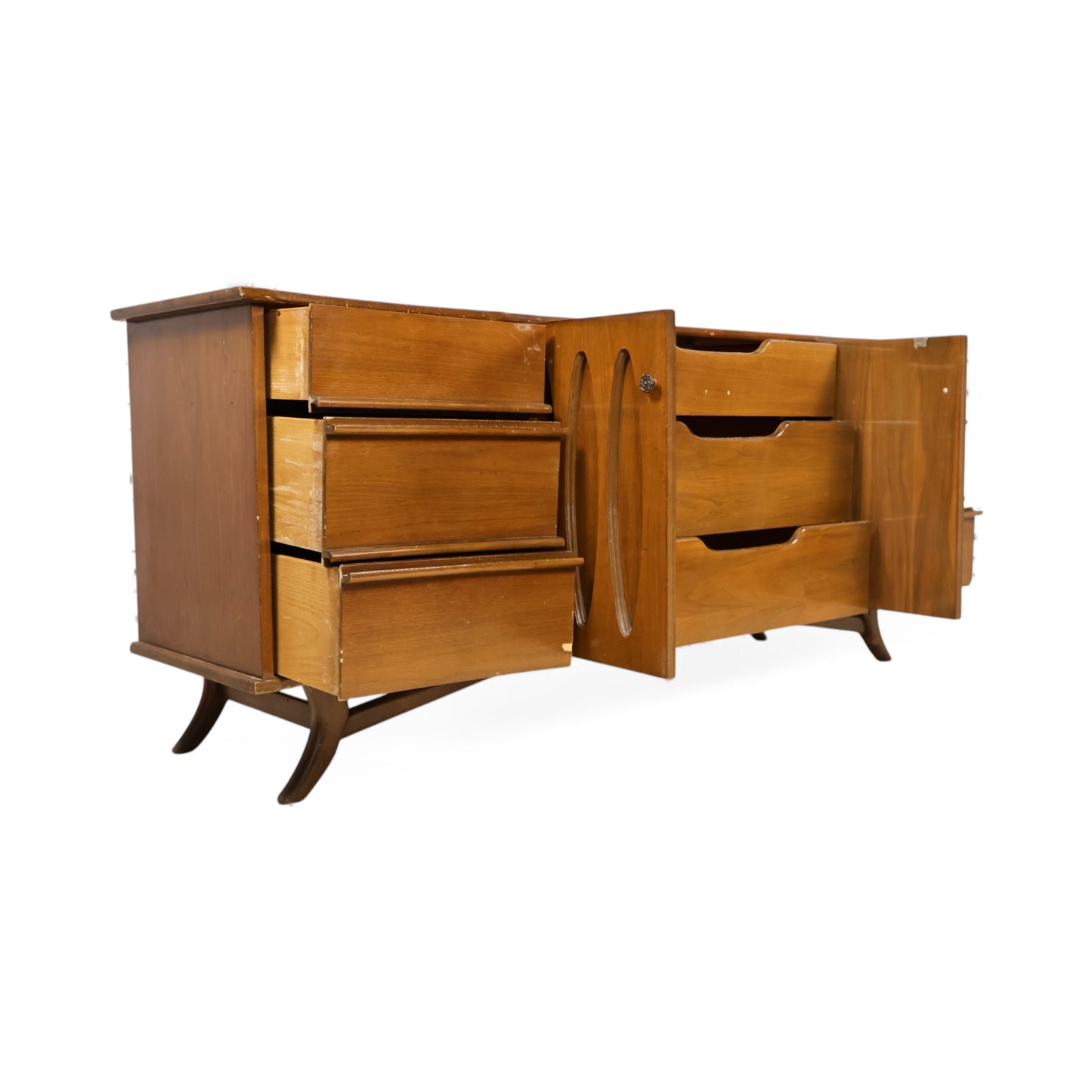 Sculpted Vintage Mid Century Modern 9 Drawer Lowboy Dresser c. 1960s