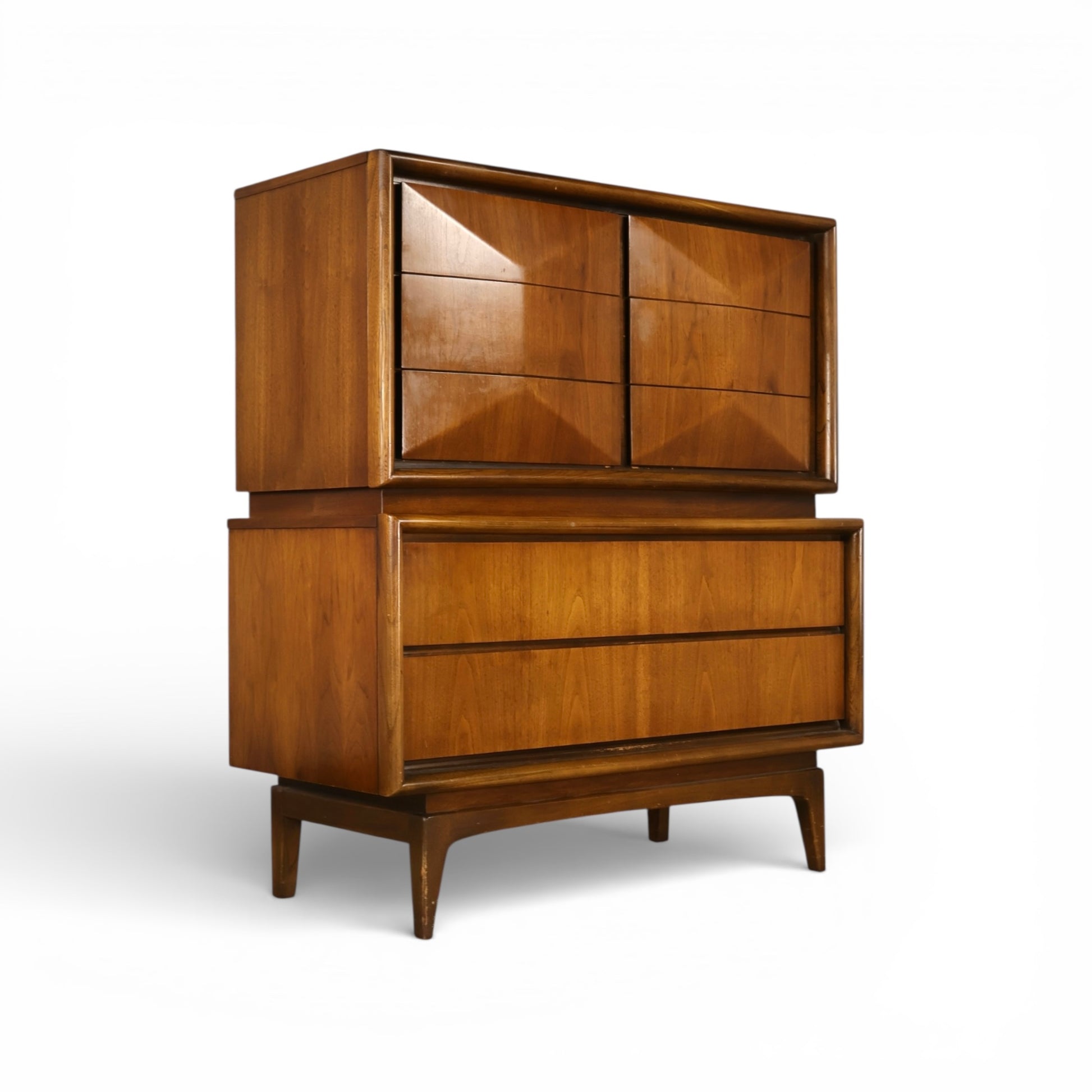 United Furniture Vintage Mid Century Modern Diamond Front Highboy Dresser c. 1960s