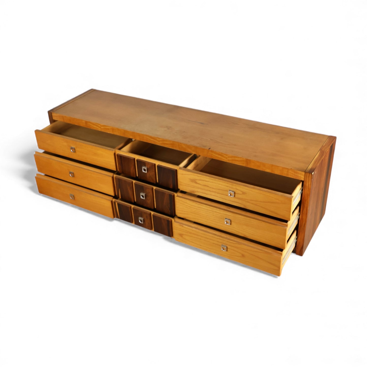 Oak and Rosewood Vintage Brutalist Mid Century Modern 9 Drawer Lowboy Dresser c. 1970s