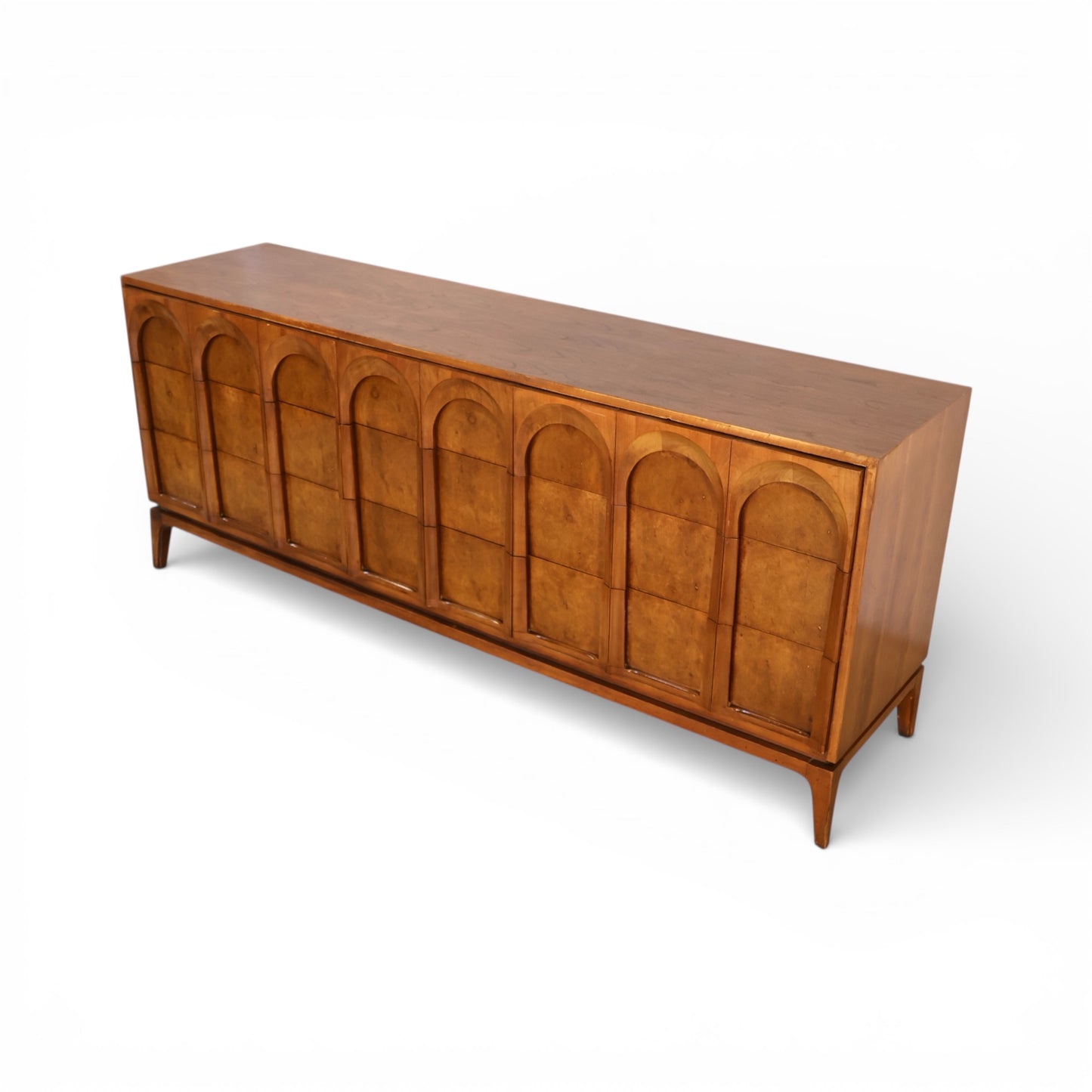 Thomasville Vintage Burlwood Mid Century Modern Sculptural 9 Drawer Lowboy Dresser c. 1960s