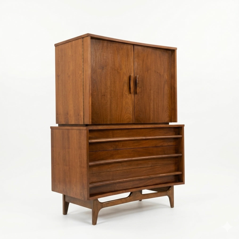 Young Manufacturing mid-century modern highboy dresser — concave-front drawers, walnut construction, tall case piece on tapered legs, c. 1960s