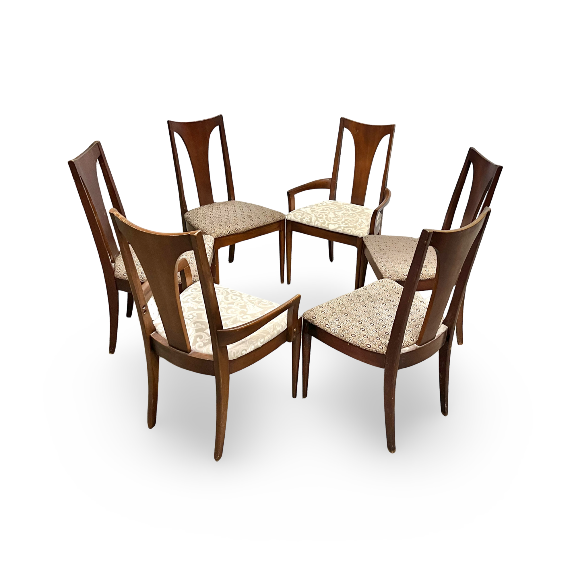 Broyhill Brasilia Vintage Mid Century Modern Set of 6 T-Back Dining Chairs c. 1960s