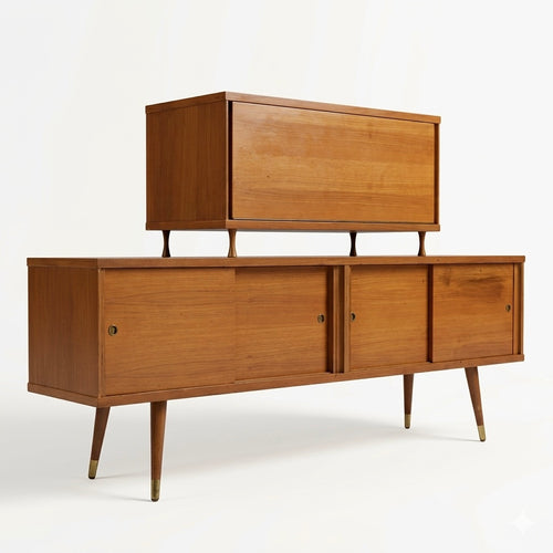 Atomic Style Vintage Mid Century Modern Two Piece Bar Cabinet Slidi... — walnut construction, front view
